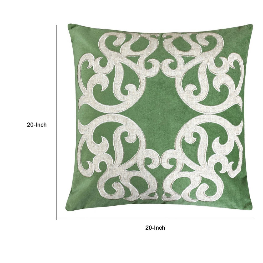 Dery Throw Pillow | Vintage Vine Accented Green Velvet | 20" Square