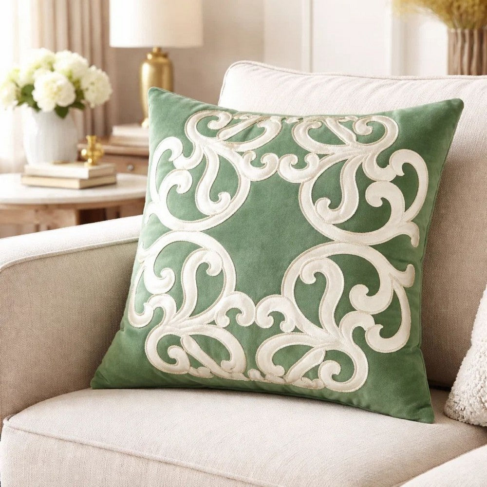 Dery Throw Pillow | Vintage Vine Accented Green Velvet | 20" Square