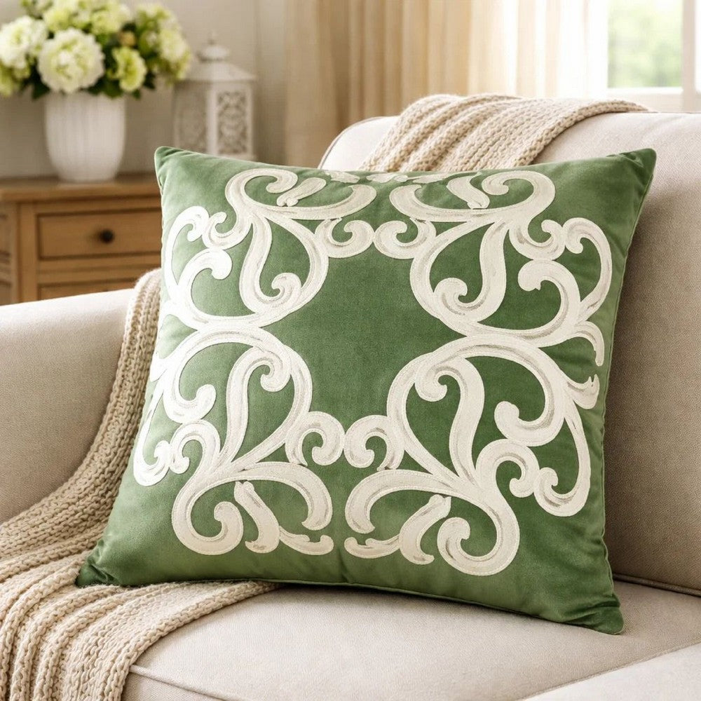 Dery Throw Pillow | Vintage Vine Accented Green Velvet | 20" Square