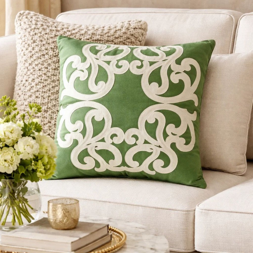 Dery Throw Pillow | Vintage Vine Accented Green Velvet | 20" Square