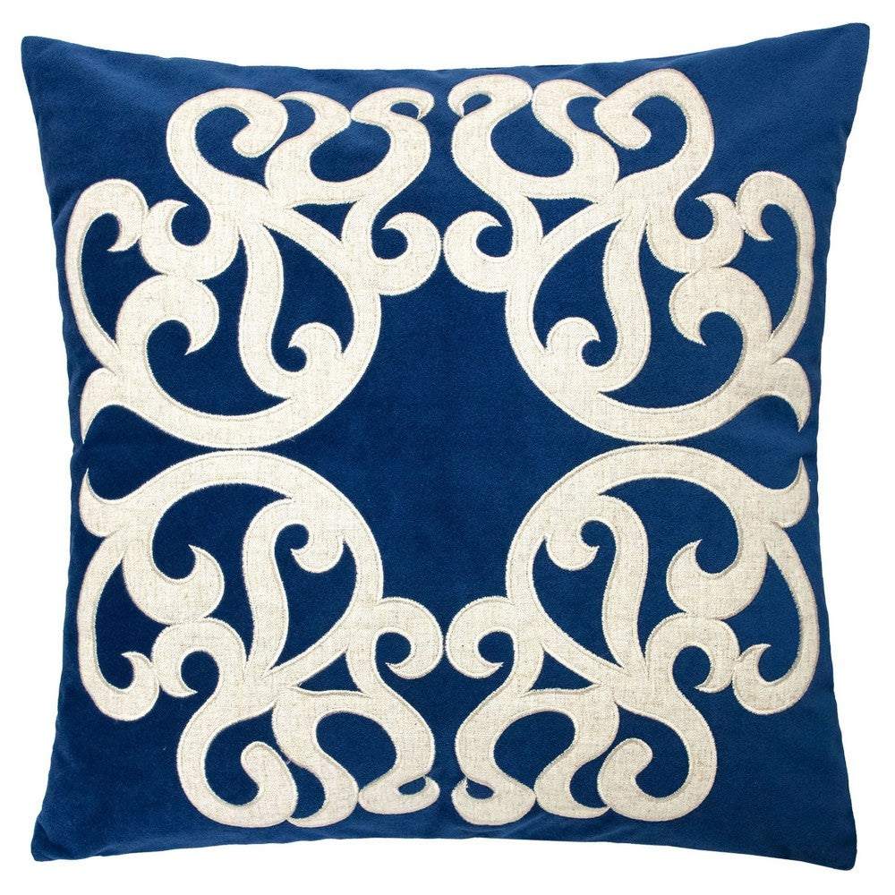 Dery Throw Pillow | Vintage Vine Accented Indigo Velvet | 20" Square