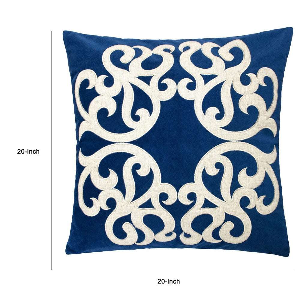 Dery Throw Pillow | Vintage Vine Accented Indigo Velvet | 20" Square