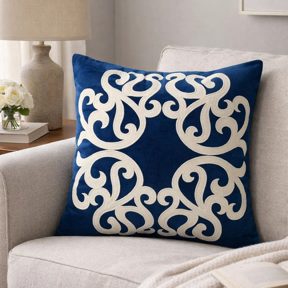 Dery Throw Pillow | Vintage Vine Accented Indigo Velvet | 20" Square
