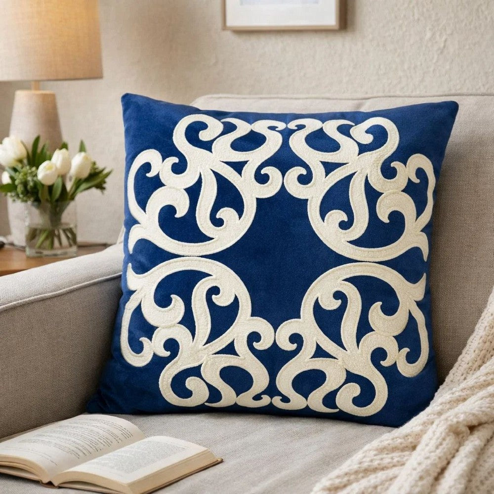 Dery Throw Pillow | Vintage Vine Accented Indigo Velvet | 20" Square