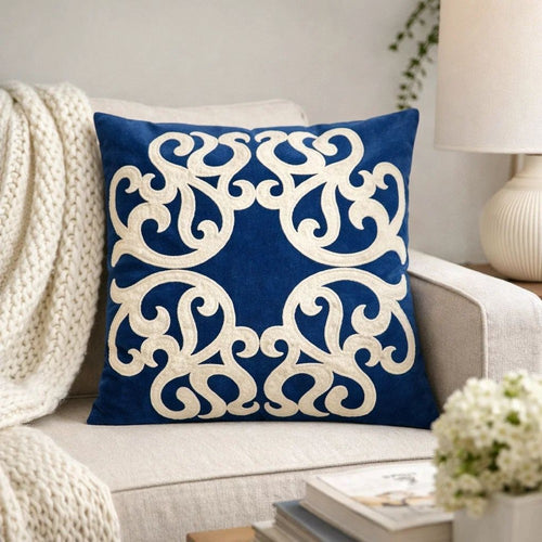 Dery Throw Pillow | Vintage Vine Accented Indigo Velvet | 20" Square