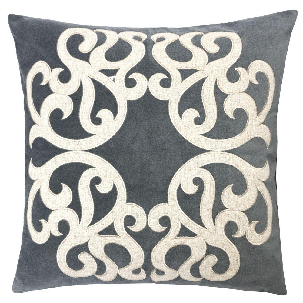 Dery Throw Pillow | Vintage Vine Accented Gray Velvet | 20" Square