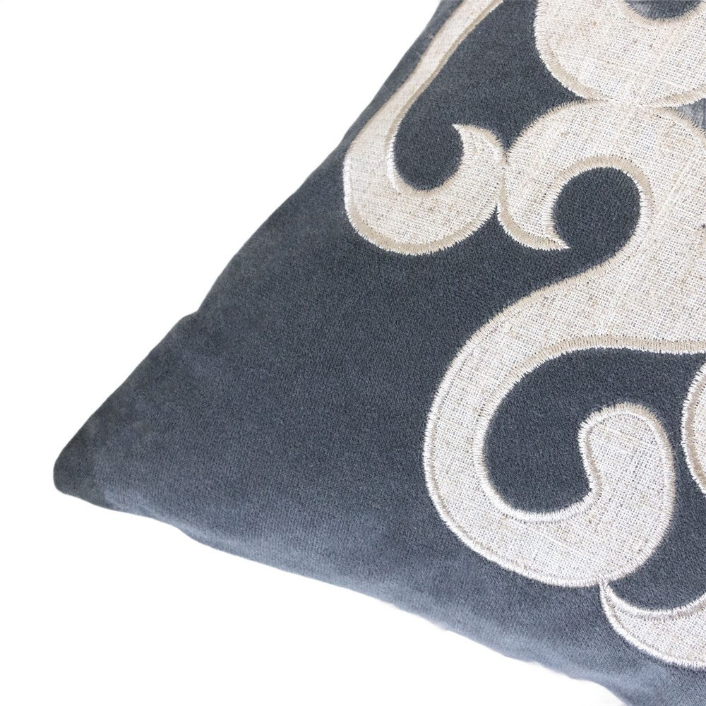 Dery Throw Pillow | Vintage Vine Accented Gray Velvet | 20" Square