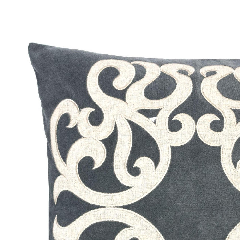 Dery Throw Pillow | Vintage Vine Accented Gray Velvet | 20" Square