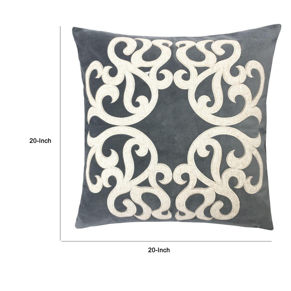 Dery Throw Pillow | Vintage Vine Accented Gray Velvet | 20" Square