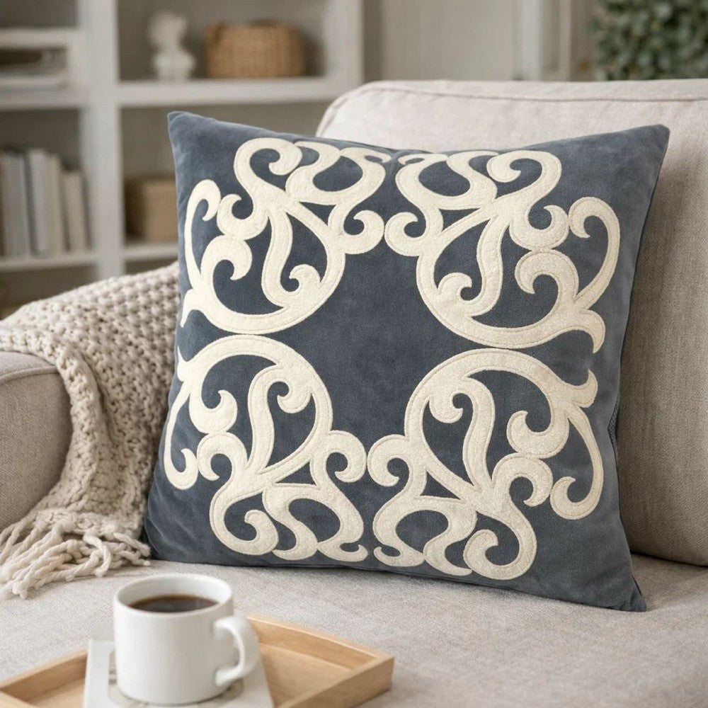 Dery Throw Pillow | Vintage Vine Accented Gray Velvet | 20" Square