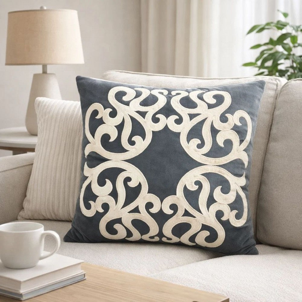 Dery Throw Pillow | Vintage Vine Accented Gray Velvet | 20" Square