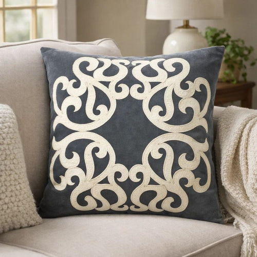 Dery Throw Pillow | Vintage Vine Accented Gray Velvet | 20" Square