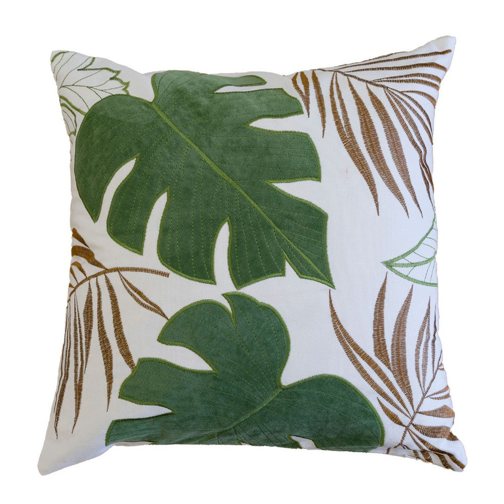 Lefy Accent Pillow | Green Autumn Leaf Design White Velvet | 20" Square