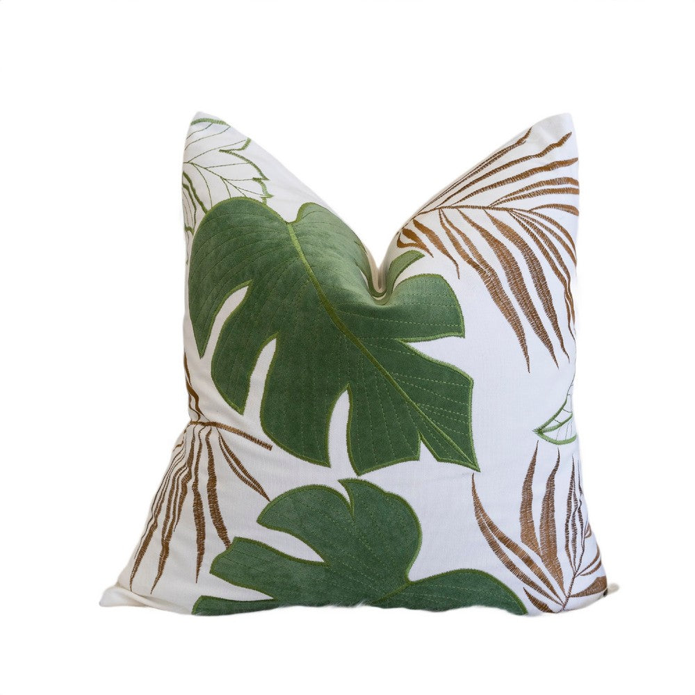 Lefy Accent Pillow | Green Autumn Leaf Design White Velvet | 20" Square