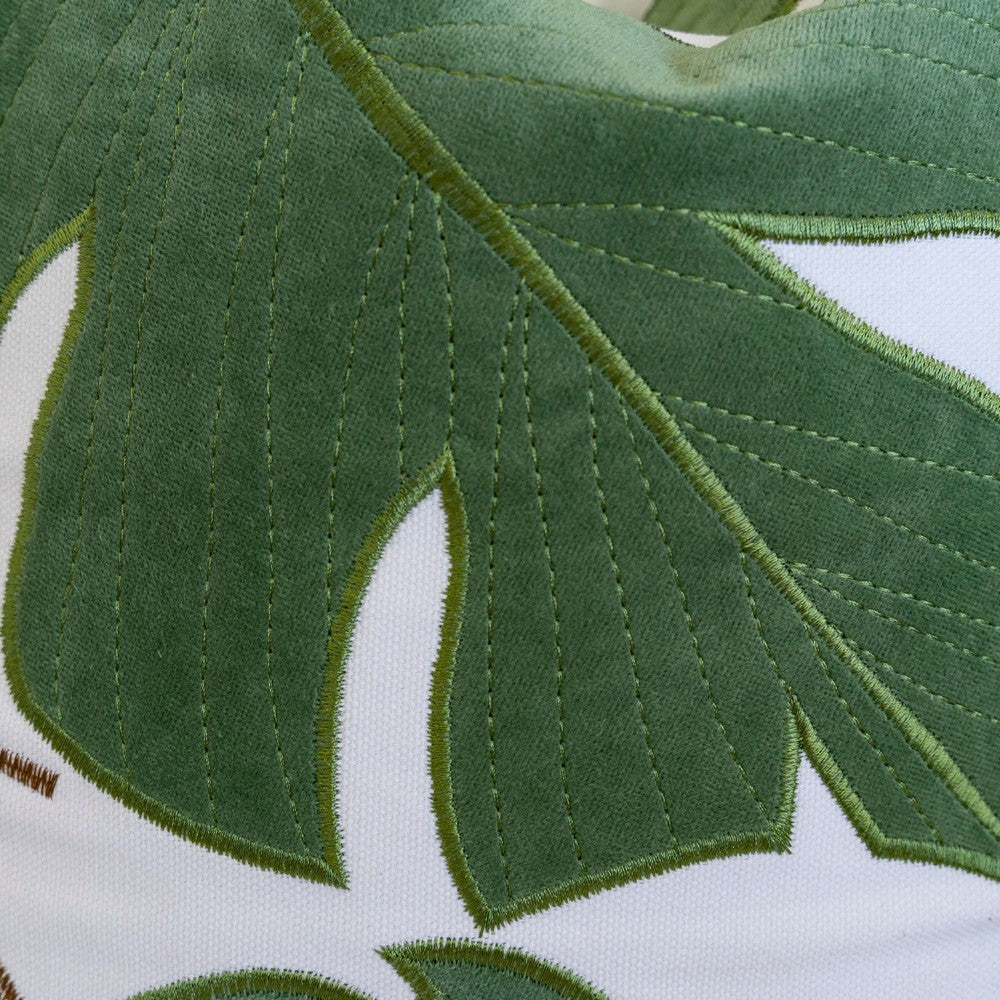 Lefy Accent Pillow | Green Autumn Leaf Design White Velvet | 20" Square