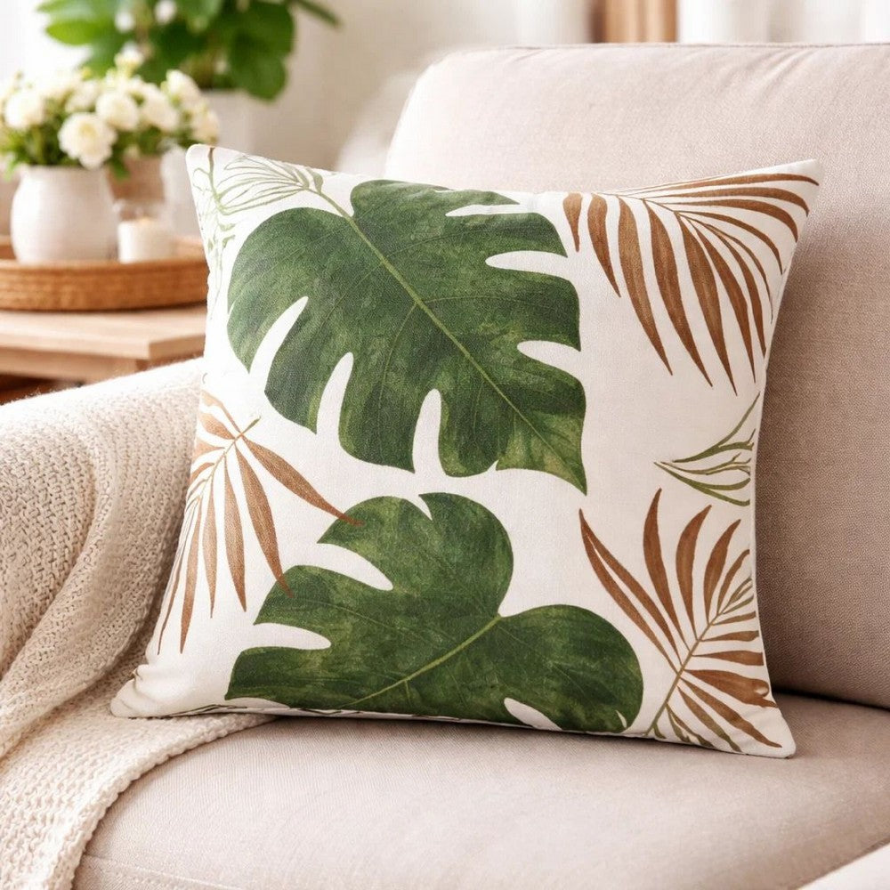 Lefy Accent Pillow | Green Autumn Leaf Design White Velvet | 20" Square
