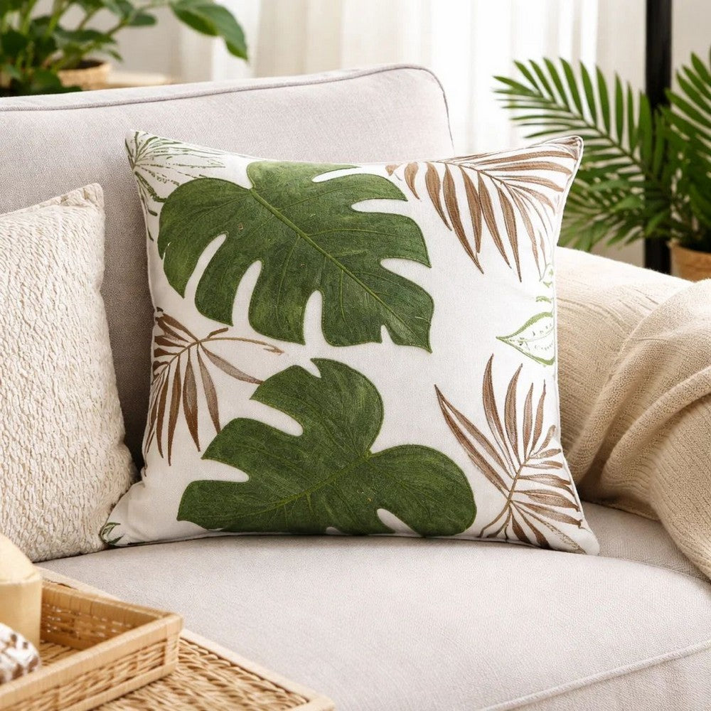 Lefy Accent Pillow | Green Autumn Leaf Design White Velvet | 20" Square