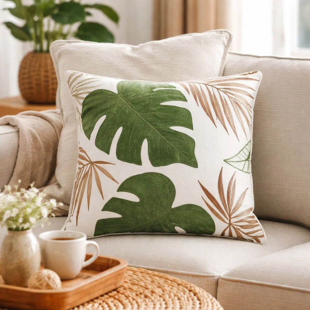 Lefy Accent Pillow | Green Autumn Leaf Design White Velvet | 20" Square