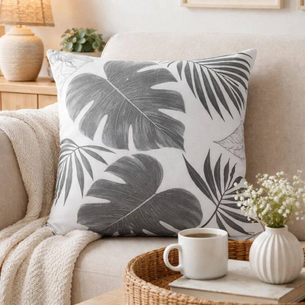 Lefy Accent Pillow | Gray Autumn Leaf Design on White Velvet | 20" Square