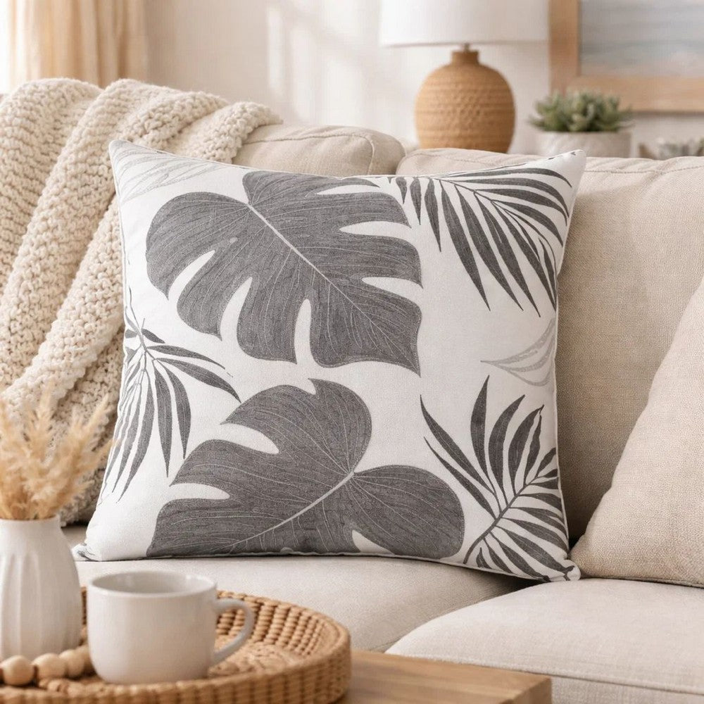 Lefy Accent Pillow | Gray Autumn Leaf Design on White Velvet | 20" Square