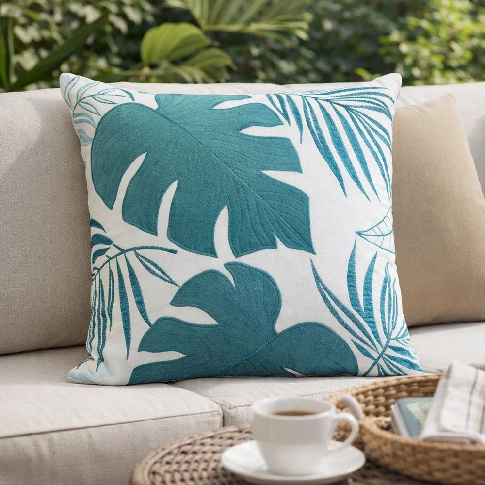 Lefy Accent Pillow | Blue Autumn Leaf Design on White Velvet | 20" Square