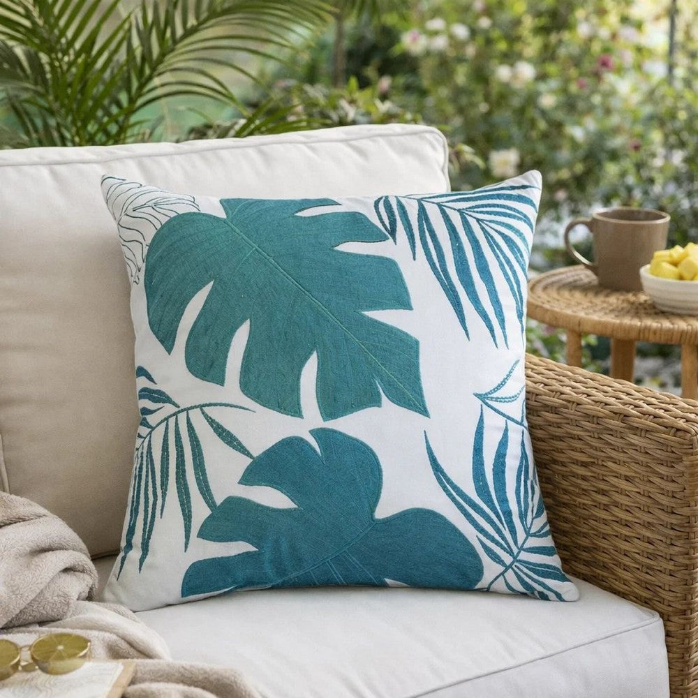 Lefy Accent Pillow | Blue Autumn Leaf Design on White Velvet | 20" Square