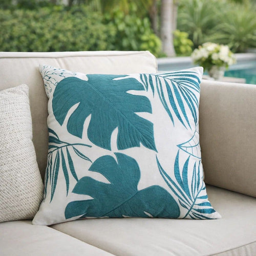 Lefy Accent Pillow | Blue Autumn Leaf Design on White Velvet | 20" Square