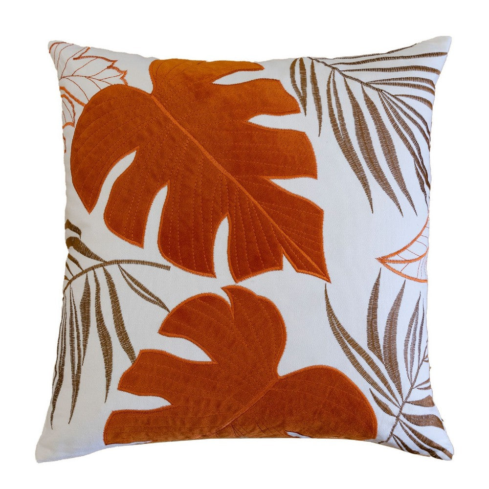 Lefy Accent Pillow | Orange Autumn Leaf Design on White Velvet | 20" Square