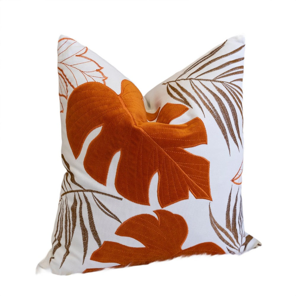 Lefy Accent Pillow | Orange Autumn Leaf Design on White Velvet | 20" Square