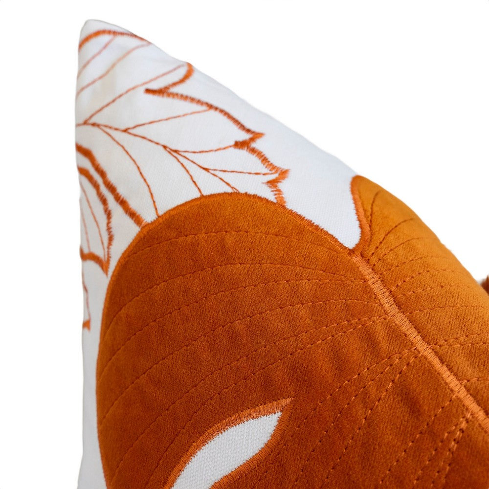 Lefy Accent Pillow | Orange Autumn Leaf Design on White Velvet | 20" Square
