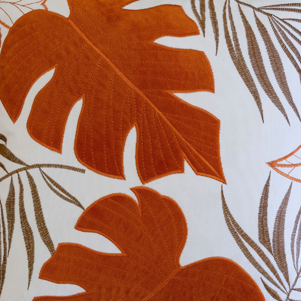Lefy Accent Pillow | Orange Autumn Leaf Design on White Velvet | 20" Square