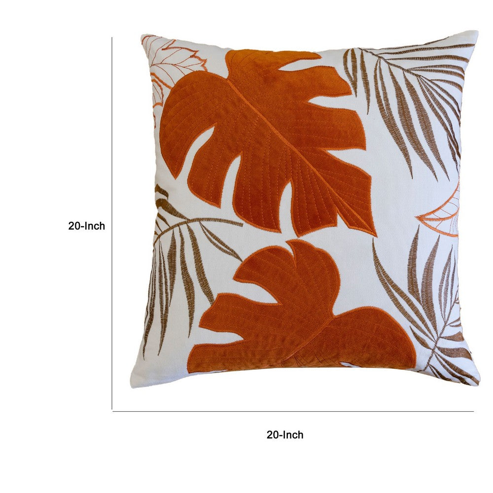 Lefy Accent Pillow | Orange Autumn Leaf Design on White Velvet | 20" Square