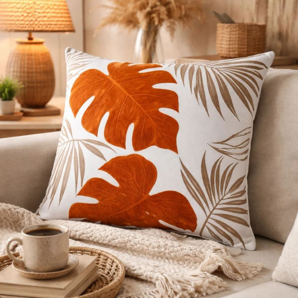 Lefy Accent Pillow | Orange Autumn Leaf Design on White Velvet | 20" Square
