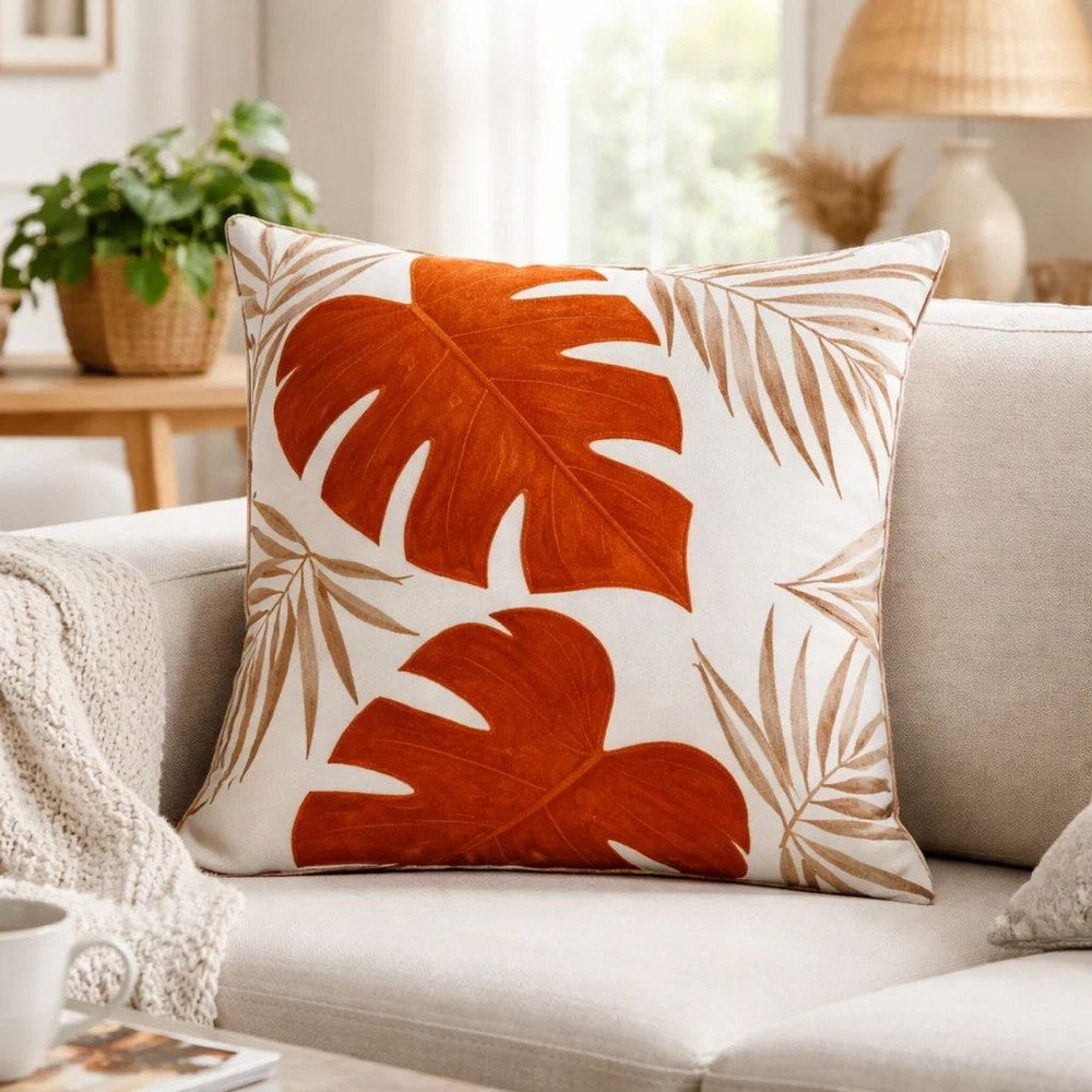 Lefy Accent Pillow | Orange Autumn Leaf Design on White Velvet | 20" Square