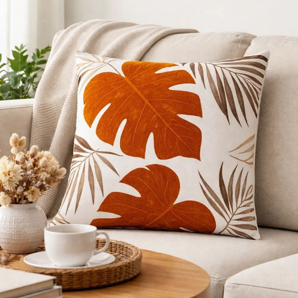 Lefy Accent Pillow | Orange Autumn Leaf Design on White Velvet | 20" Square