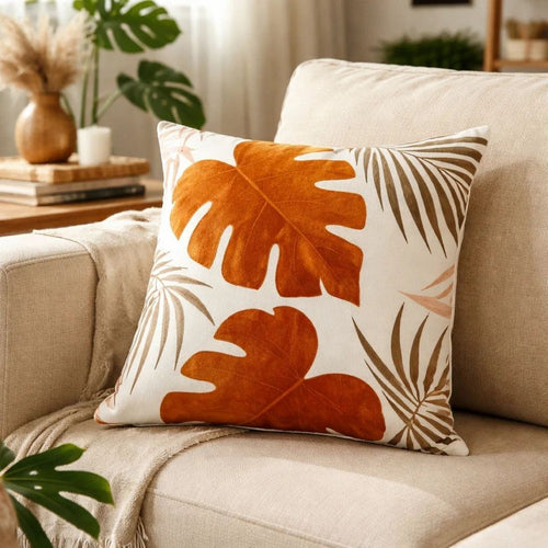 Lefy Accent Pillow | Orange Autumn Leaf Design on White Velvet | 20" Square