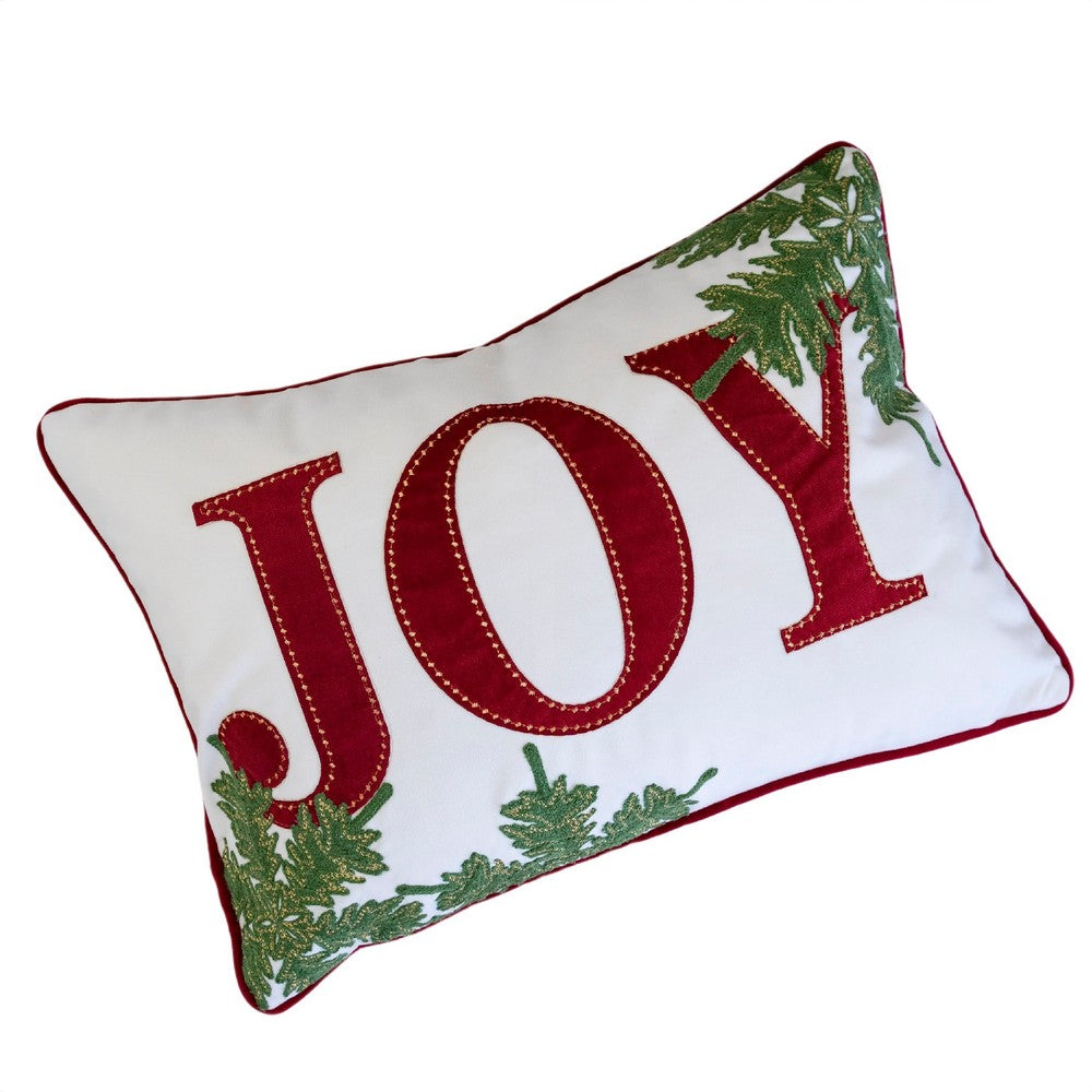 Christmas Lumbar Cushion | Red Joy & Green Leaves Velvet Accents | 14x20