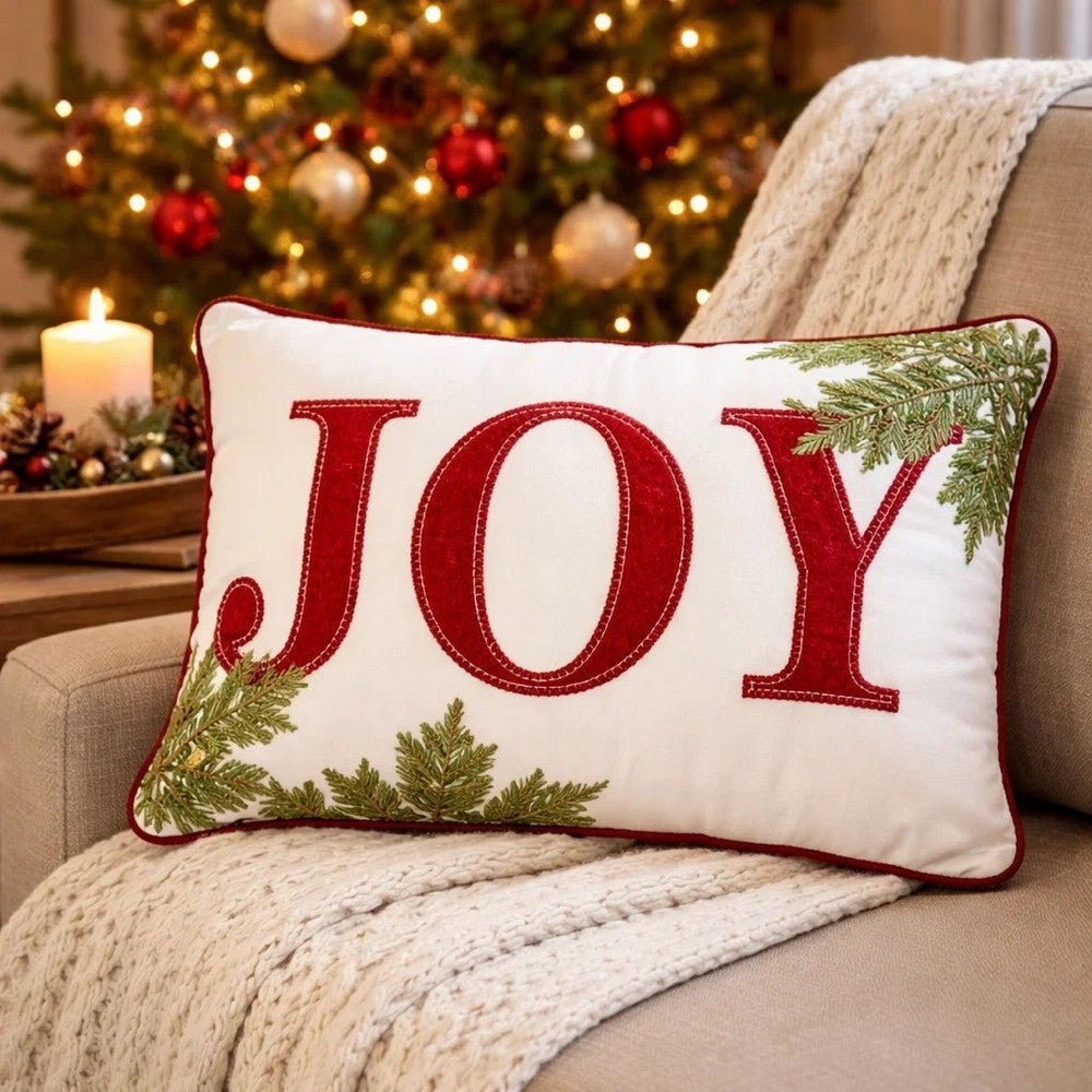 Christmas Lumbar Cushion | Red Joy & Green Leaves Velvet Accents | 14x20