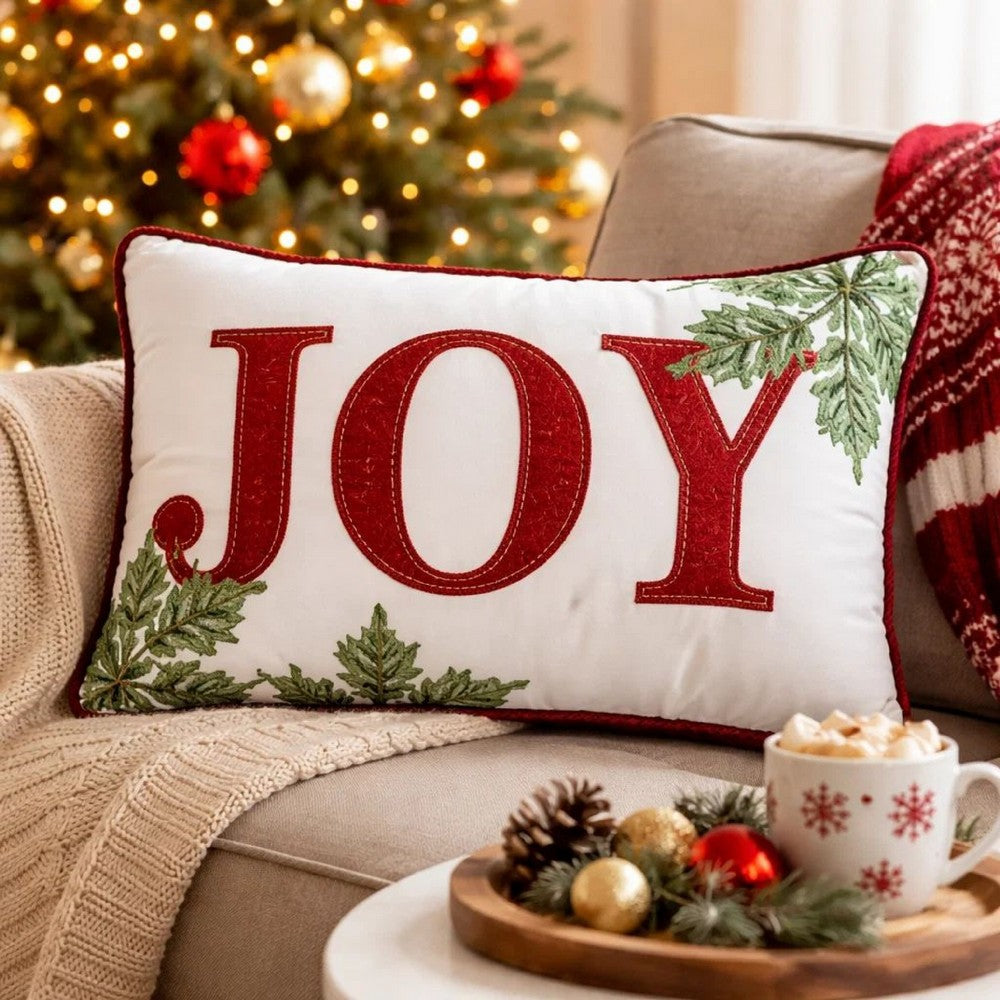 Christmas Lumbar Cushion | Red Joy & Green Leaves Velvet Accents | 14x20