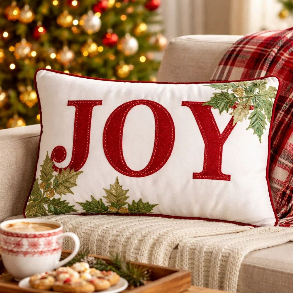 Christmas Lumbar Cushion | Red Joy & Green Leaves Velvet Accents | 14x20