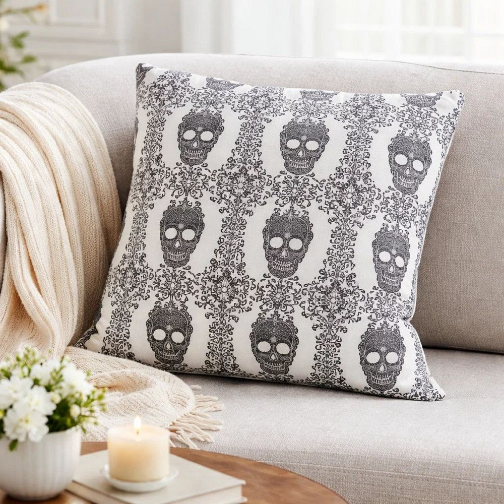 Ary Square Throw Pillow | Black & White Gothic Damask Skull Design | 20"