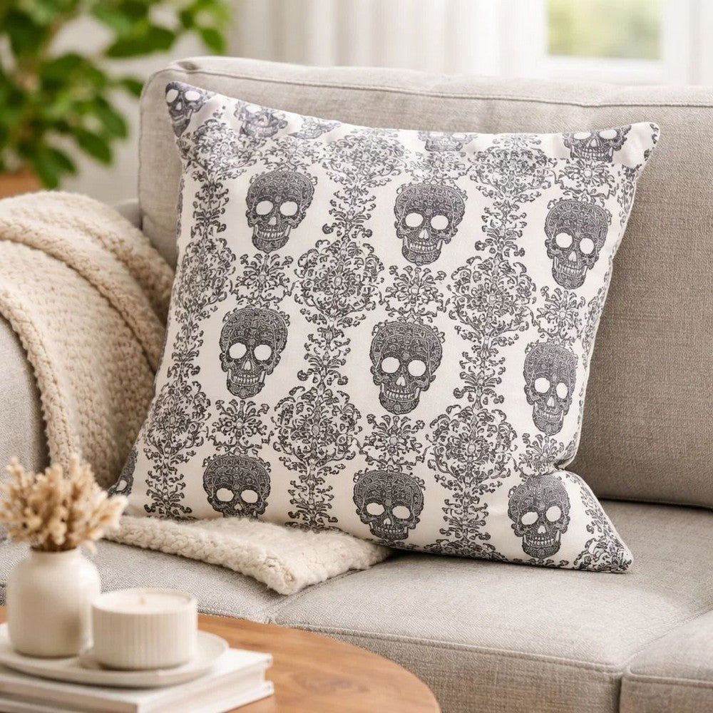 Ary Square Throw Pillow | Black & White Gothic Damask Skull Design | 20"