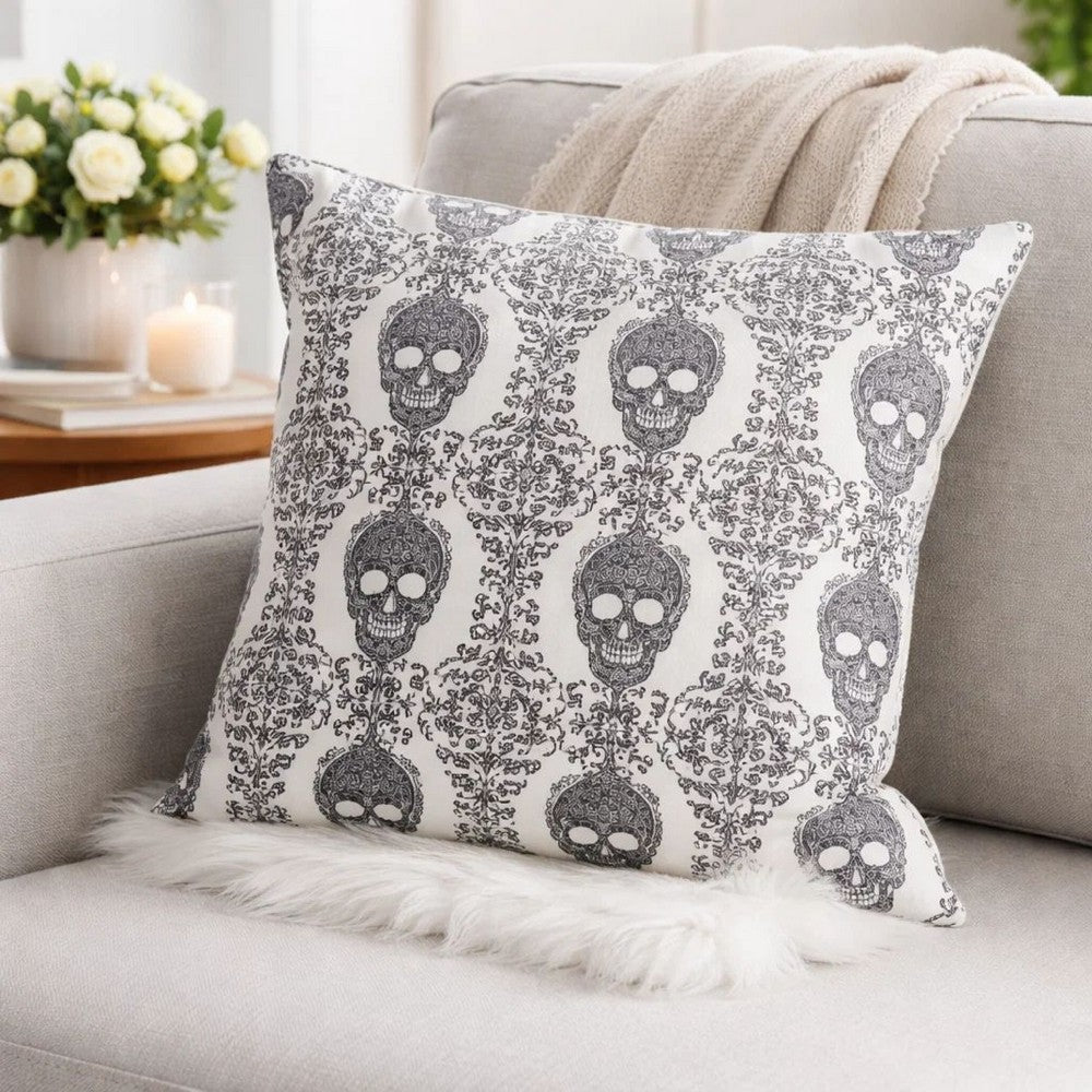 Ary Square Throw Pillow | Black & White Gothic Damask Skull Design | 20"