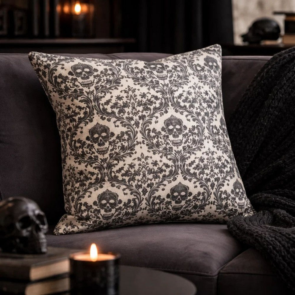 Ary Throw Pillow | Black & White Baroque Skull Design | 20" Square