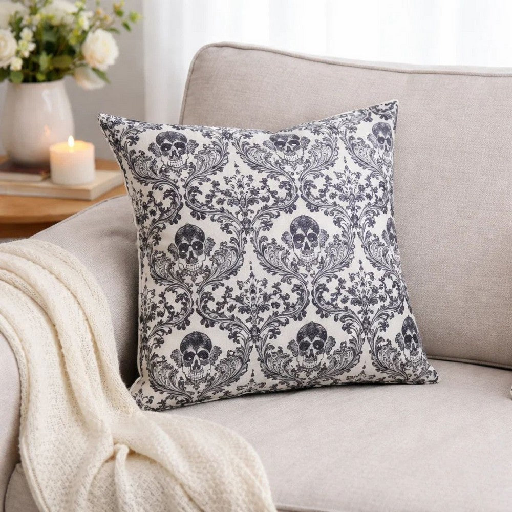 Ary Throw Pillow | Black & White Baroque Skull Design | 20" Square