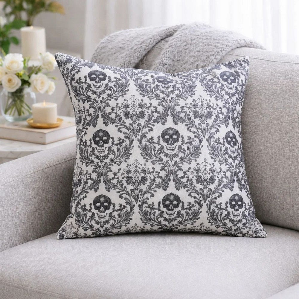 Ary Throw Pillow | Black & White Baroque Skull Design | 20" Square