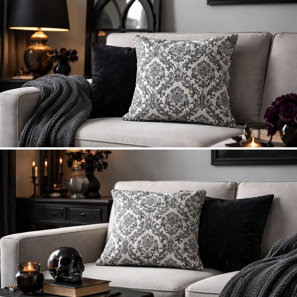 Ary Throw Pillow | Black & White Baroque Skull Design | 20" Square