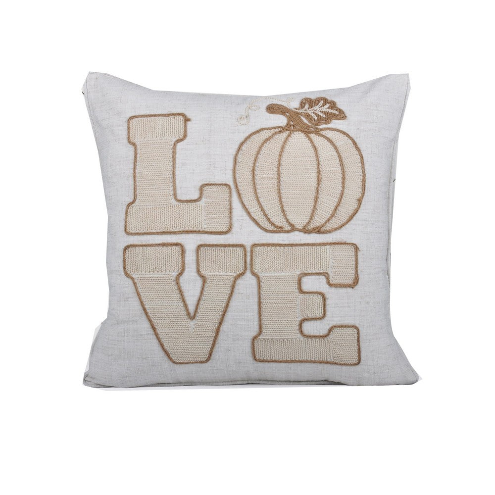 Decorative Throw Pillow | Love Pumpkin Beige Linen Embroidery | 20" Square