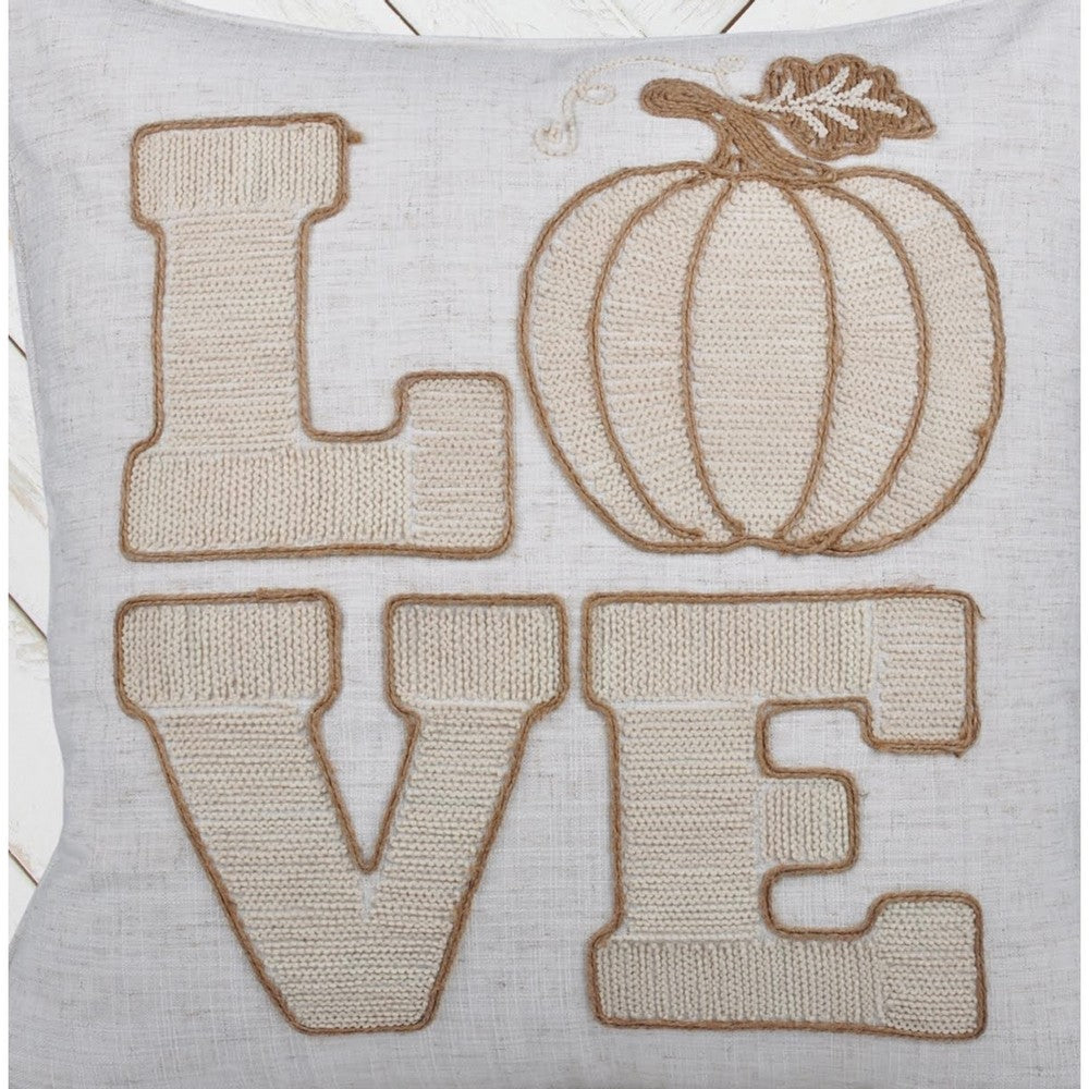Decorative Throw Pillow | Love Pumpkin Beige Linen Embroidery | 20" Square