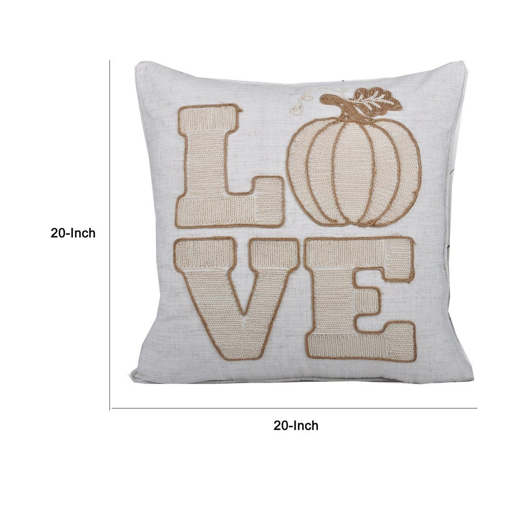 Decorative Throw Pillow | Love Pumpkin Beige Linen Embroidery | 20" Square